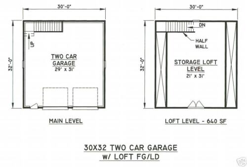 30x32 2 Car FG Garage Building Blueprint Plans w/ Loft