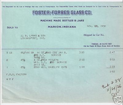 Foster  Forbes Glass Co. Invoice Marion, Indiana  