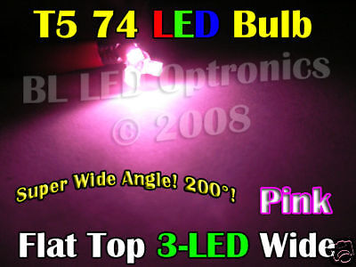 2x Wide Angle T5 74 Wedge 3 LED 12V Car Dash Bulb Pink  