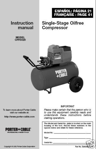 Porter Cable Air Compressor Instruction Manual# CPF6020  