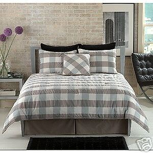 Maxim Houston King Gray Tan Blue Plaid Comforter Set  