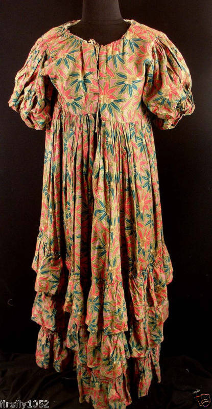 RARE FRENCH ANTIQUE 19TH CENTURY LONG PRINT DRESS  