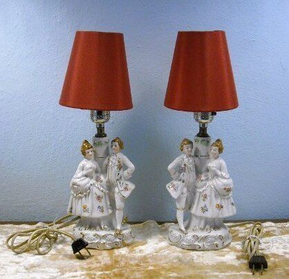 vintage bed boudoir lamp pair doll lover figures french  