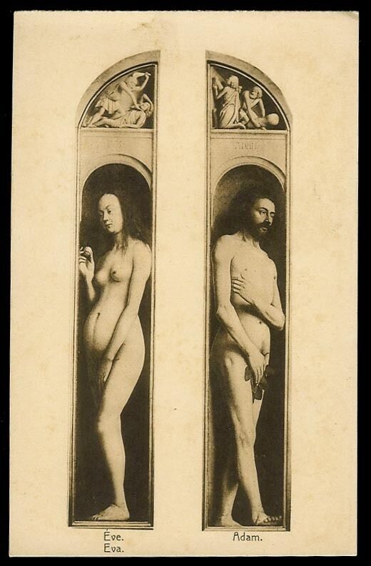 VINTAGE POSTCARD ADAM & EVE GENT ALTAR PIECE  