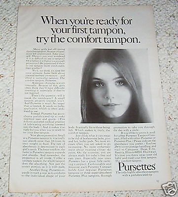 1971 Pursettes Tampons Feminine Hygiene Ad Susan Dey