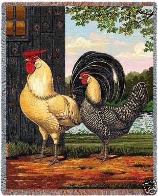 70x54 ROOSTER Hen Chickens JACQUARD Farm Throw Blanket  