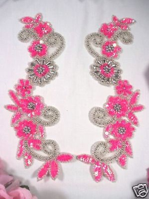 0183 APPLIQUES PINK SILVER MIRROR PAIR SEQUIN BEADED DANCE COSTUME SUPPLIES