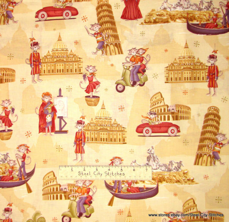 Benartex Cats Amore Pisa Rome Italy Feline Fabric BTY  